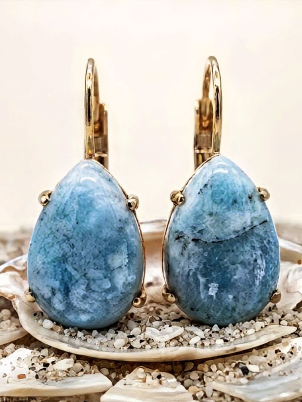 Genuine Sky Blue Dominican Larimar Stones In Gold Plated Drop Earrings